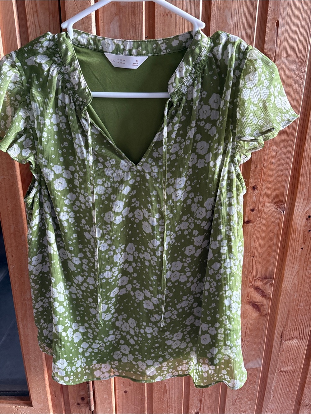 LC Lauren Conrad Green and White Floral Tie-Neck Blouse